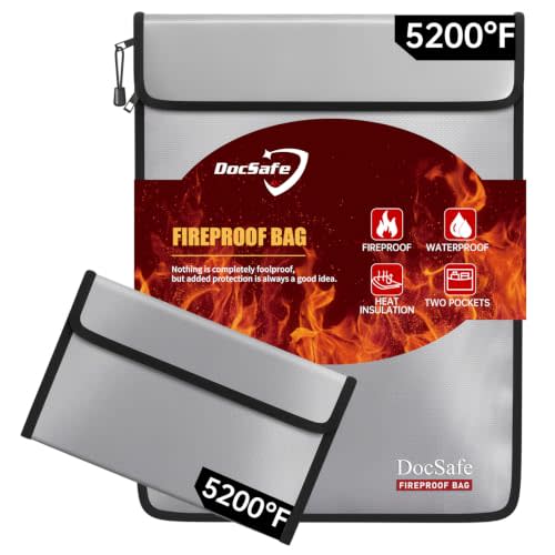 DocSafe Fireproof Document Bag (5200℉) with Fireproof Organizer Travel Case,Heat Insulated Fire＆Water Resistant 8 Layers Safe Money Bag Storage for Important Documents,Cash,Power Bank,Valuables,Gray
