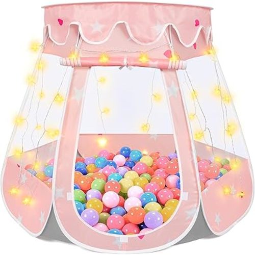 Pop Up Princess Tent with Star Light, Toys for 1 2 3 Year Old Girl Birthday Gift, Ball Pit for 12-18 Months Baby Girl Toys, Toddler Gifts, Easy to Pop Up and Assemble (Pink Gray)