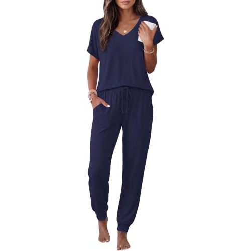 Ekouaer Womens Pajama Sets 2 Piece Lounge Set Short Sleeve Jogger Pants Pjs | V Neck Sleepwear with Pockets,Sleep & Lounge at Home,Casual Outfit Outing,Jogging,Running,Morning Walks,Yoga,Vacation,S-XXL