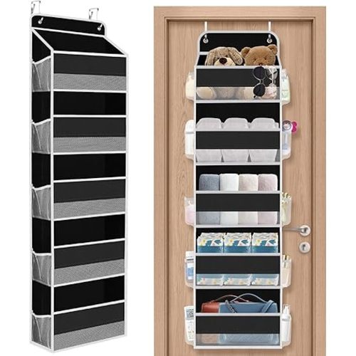 1 Pack Over The Door Organizer, Hanging Storage Organizer with Clear Window, 40lb Ultra Sturdy Large Capacity Room Organizer for Pantry Laundry Bathroom Nursery Closet (Black)
