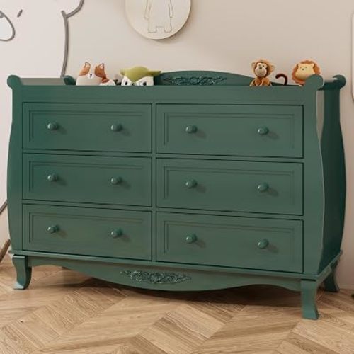 Green Changing Table Dresser with 6 Drawers, Large Baby Nursery Dresser