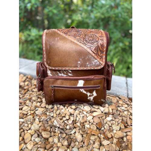 SALE LARGE western Genuine tooled leather and cowhide backpack or diaper bag. Cc on back. Mama diaper bag