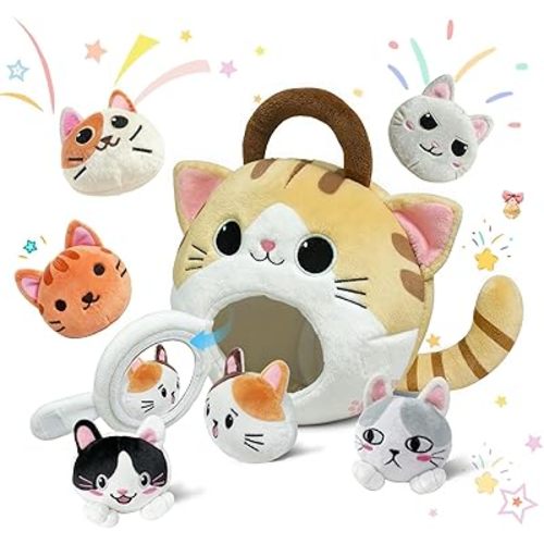 Cat Stuffed Animal House- Plush Kitten Toy Set with 6 Soft Cats Interactive & Portable Plush House Kitties Carrier Playset for Toddlers & Kids, Sensory Toys Boy Girl Birthday Gift