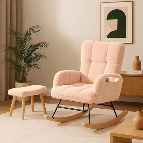 COMHOMA Nursery Rocking Chair with Ottoman,Teddy Upholstered Glider Rocker