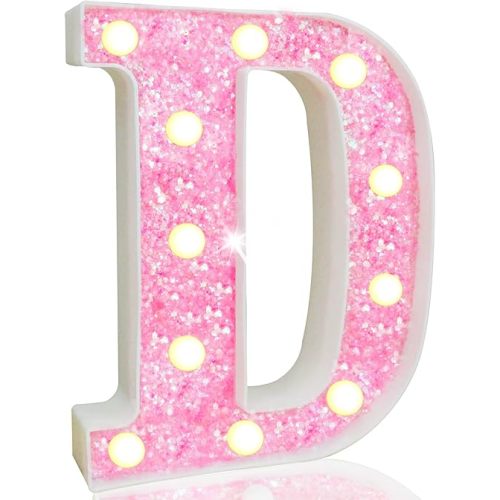 Pooqla LED Marquee Letter Lights, Light Up Pink Letters Glitter Alphabet Letter Sign Battery Powered for Night Light Birthday Party Wedding Girls Gifts Home Bar Christmas Decoration, Pink D