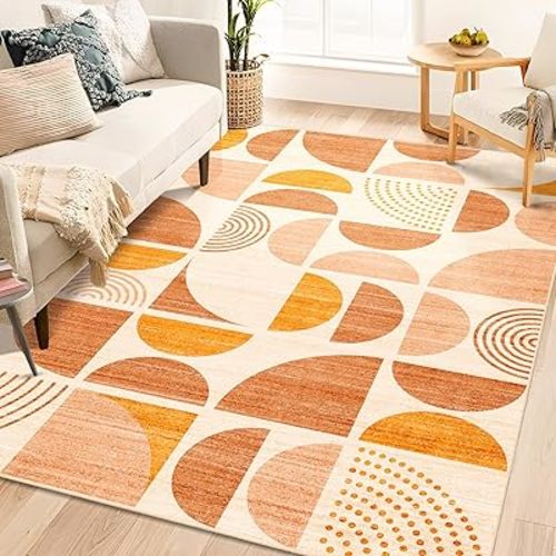 MUJOO 5x7 Area Rugs Boho,Washable Rugs for Living Room Bedroom Dining Room,Large Throw Floor Carpet Non Slip Soft Modern Abstract Bohemian Orange