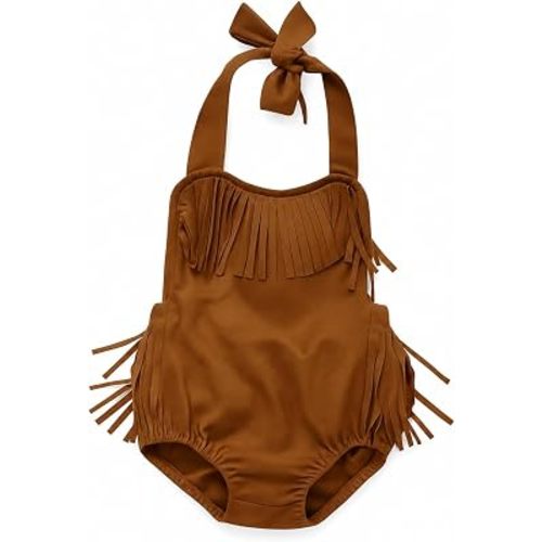 Infant Baby Girl Brown Fringe Faux Suede Romper - Western Style Halter Sunsuit, Adjustable Straps