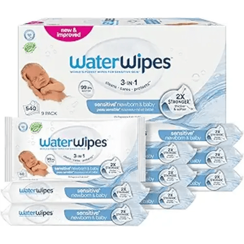 WaterWipes Sensitive+ Newborn & Baby Wipes, 3-In-1 Cleans, Cares, Protects, 99.9% Water, Unscented & Hypoallergenic, 540 Count (9 Packs)