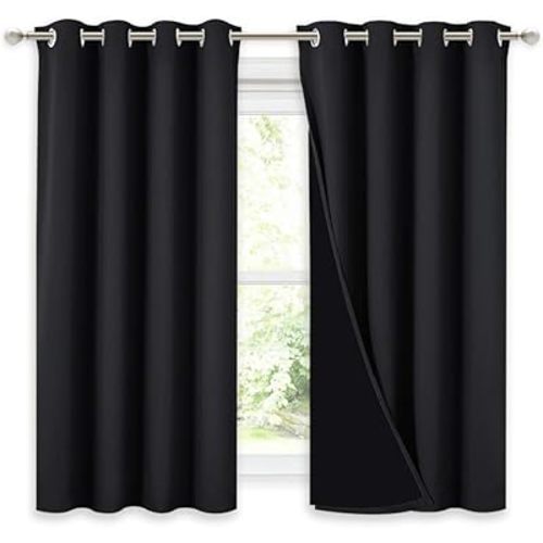 NICETOWN Truly Blackout Curtains 54 inches Length, 2 Thick Layers Completely Blackout Window Treatment Thermal Insulated Lined Drapes for Basement Window (Black, 1 Pair, 52 inches Width Each Panel)
