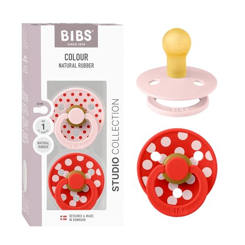BIBS Colour Polka Dots Pacifier, 0-6 Months, 2-Pack, Blossom/Candy Apple | Round Natural Rubber Nipple | Size 1 | BPA-Free | Made in Denmark | High Nipple Acceptance | Airflow Holes | Comfort Shield