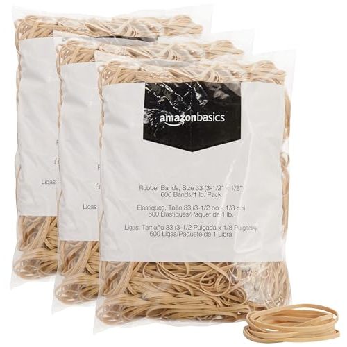 Amazon Basics Rubber Bands, Office Supplies, Size 33 (3-1/2 x 1/8 Inch), Stretchy, 600 Bands/1 lb Pack, 3-Pack, Tan