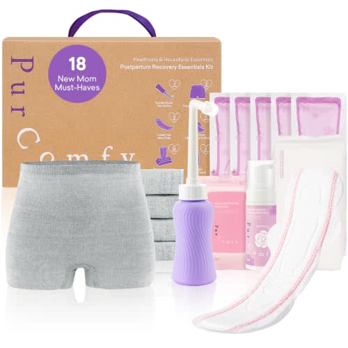 PurComfy 18 Pcs Postpartum Essentials Recovery Kit for New Mom | 5 Disposable Underwear, 24 Perineal Pad Liners, Perineal Care Foam, 5 Instant Ice Pads, Peri Bottle and 5 Postpartum Pads