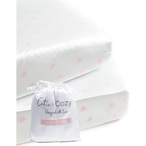 Satin Fitted Crib Sheet (2 Pack) Premium Oeko-TEX Certified Satin Crib Sheet Set, Prevents Bald Spots Like Silk Crib Sheets for Baby Hair (White with Light Pink Hearts)