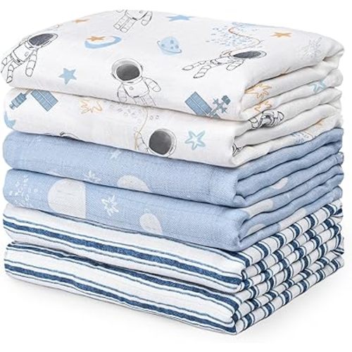 GLLQUEN BABY Receiving Blanket Boy Cotton Muslin Swaddle Blankets Girl Newborn Squares Breathable & Soft Thin Baby Blankets Cloths Double Absorbent Infant Swaddling Wrap - 6 Pack (Blue Astronaut)