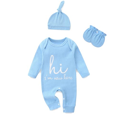 Newborn Girls and Boys Romper, Hi I’m New Here Long Sleeve Cotton Baby Clothes, Coming Home Outfit with Gift Box