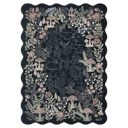 10'x13' Washable Scalloped Mushroom Rugs for Living Room Bedroom, Cute Soft Non Slip Forest Nursery Rugs for Playroom, Black