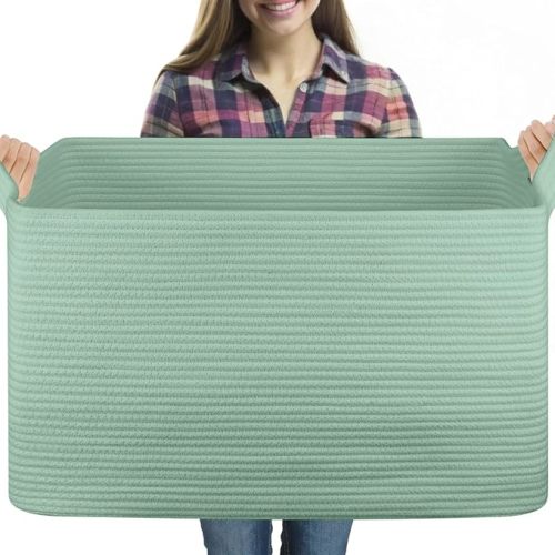 95L Extra Large Blanket Basket, 24" x 16.9" x 14.2" Woven Storage Basket for Living Room, Rectangle Nursery Blanket Storage for Toys, Towels, Dirty Clothes (Green)