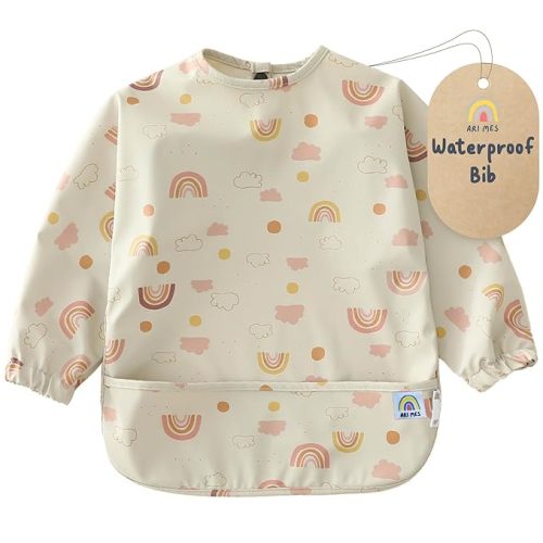 Waterproof Long Sleeve Baby Bib for Eating-Rainbow Pattern, Small-Toddler Smock with Catch-All Pocket, BPA Free, Machine Washable, Wearable Feeding Bib for Boys & Girls 6-72 Months