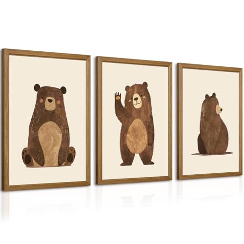 Nursery Wall Art Baby Canvas Pictures Bear Wall Decor Boys Room Prints Kids Poster Cute Animal Theme Pictures Woodland Bear Painting Neutral Children Artwork for Bedroom 12x16 Inch Framed Set of 3