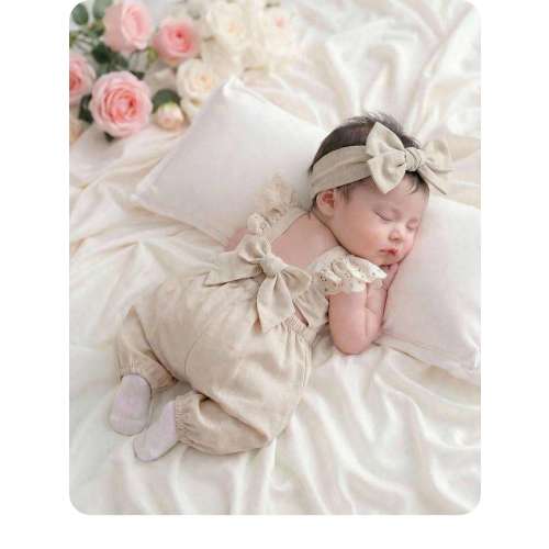 Newborn Baby Girl Cute Casual Versatile Apricot Bow Tie Cap Sleeve Romper One-Piece Pants Baby Girl Ruffle Strap Romper, Comfortable & Cute, Suitable For Summer Newborn Baby Girl's Cute Casual Lace One-Piece Pants | SHEIN USA