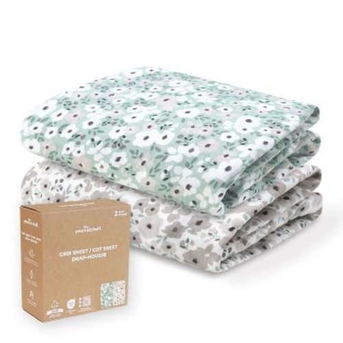 The Peanutshell Sage, Taupe Floral Organic Cotton Crib Sheets for Baby Girls, 2 Pack
