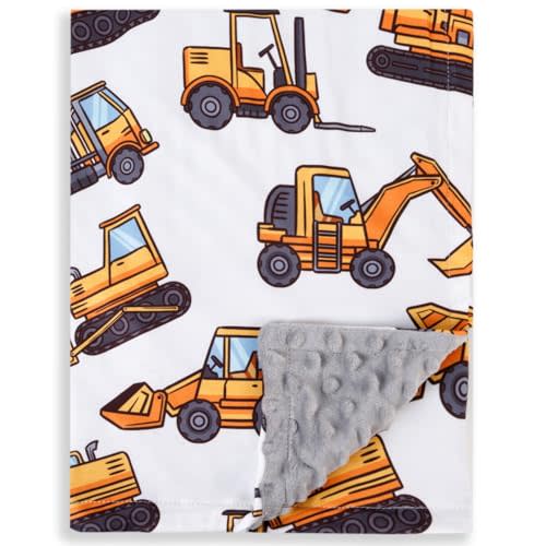 New Born Baby Boy Double Layer Fuzzy Nursery Toddler Blanket - Soft Minky Daycare With Dotted Backing for Baby Shower Birthday Gift - 30 x 40 Inch (Construction, 1)