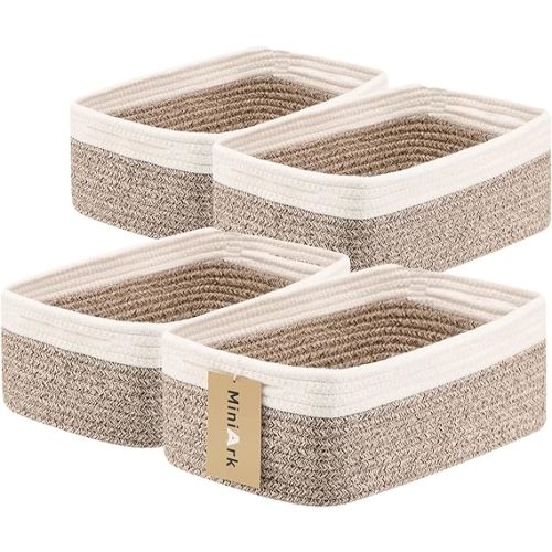 Small Storage Baskets for Organizing | Closet Organizer Bins | Shelf Toy Basket | Woven Rope Baskets | Cube Decorative Box | Shallow Basket | 13x8.5x5.1” | 4 Packs White Brown