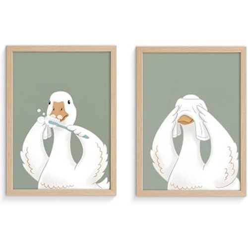 2Pcs Framed Funny Goose Bathroom Canvas Wall Art Cute Duck Brushing Teeth Poster Prints Modern Humorous Animal Picture Painting Bathroom Kids Farmhouse Decor 16x24 Inch Ready to Hang