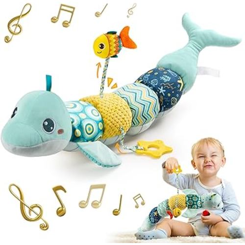 TURKIDS Montessori Infant Baby Musical Plush Toys, Stuffed Animal Activity Soft Toys with Multi-Sensory Crinkle, Rattle and Textures for 0-3-6-12 Months Developmental Toys, Dolphin, Whale, Blue