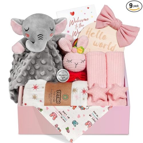 Newborn Baby Girl Gift, 9 Pcs Baby Gifts for Girls Newborn Essentials, New Baby Girl Gift Basket Baby Shower Gender Reveal Gifts, New Mom Gift Swaddle Blanket Bunny Rattle Gift Set