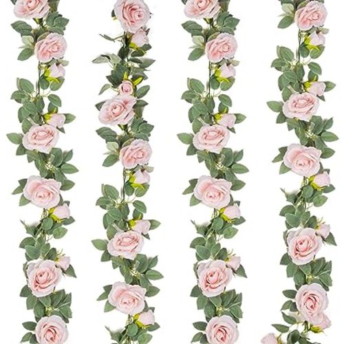 TELDRASSIL 4Pcs(26 FT) Artificial Rose Vine Fake Flower Garland Fake Silk Rose Hanging Vine for Wedding Party Background Arch Garden Background Decoration (Pink)