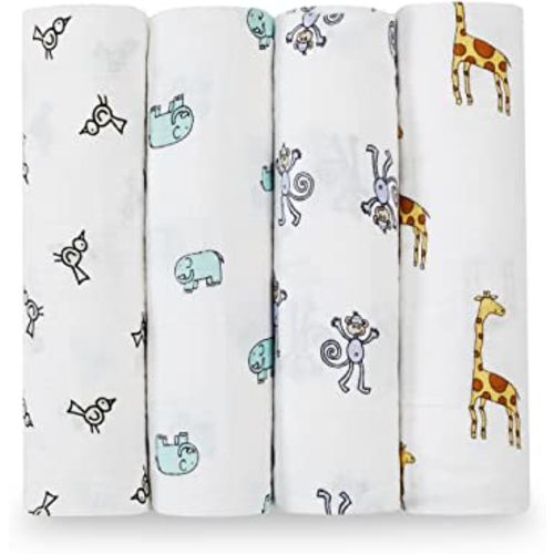aden + anais Boutique Muslin Swaddle Blanket for Baby Girls and Boys, Newborn Receiving Blanket for Swaddling, 100% Muslin Cotton Swaddle Wrap, 4 Pack, Jungle Jam