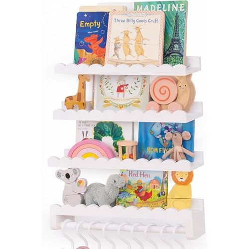 Nursery Book Shelves, Scalloped Shelves, 4-Pack White Set with 1 Hanging Rod and 8 S-Hooks for Kids’ Rooms and Baby décor