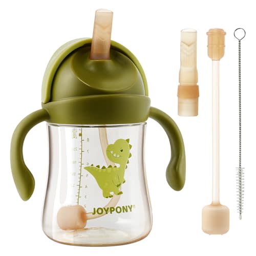 Joypony Sippy Cups for Toddlers 1-3, Spill Proof Weighted Straw Cup with Handle for Baby 6 Months + old, 2 Silicone Straws, PPSU, BPA Free, 9 oz (Green)