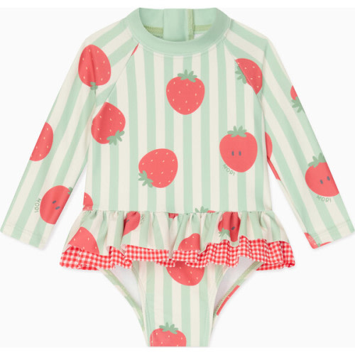 Strawberry and Green Stripe Frill Long Sleeve Swimsuit - MORI | Maisonette
