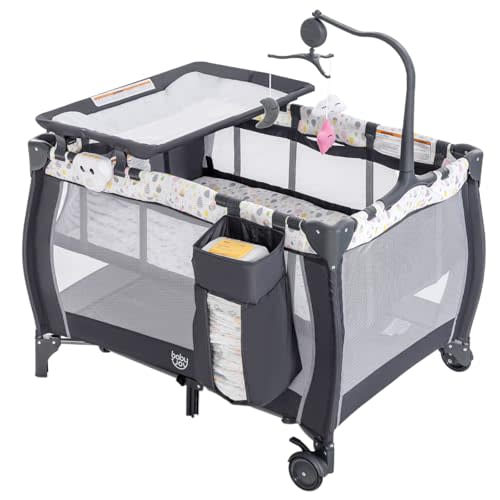 Costzon 3 in 1 Pack and Play with Bassinet, Portable Baby Playard with Changing Table, Music Box, Whirling Toys, Wheels/Brake, Basket, Bag, Foldable Infant Bassinet for Baby Toddlers Indoor Outdoor