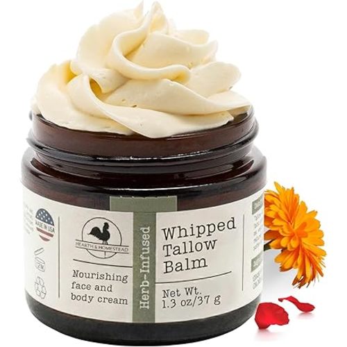 Hearth & Homestead Whipped Beef Tallow for Skin & Face - 100% Grass Fed, Eczema Cream & Body Butter - Organic Olive Oil, Calendula & Rose - Lotion & Hand Moisturizer for Dry Skin, Unscented, 1.3oz