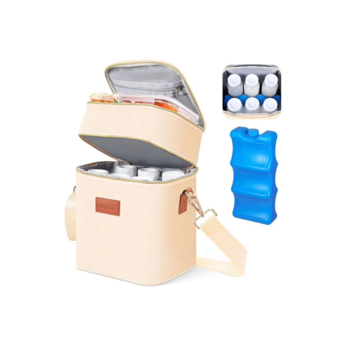 PIIOSER Breastmilk Cooler Bag with Ice Pack Fits 6 Baby Bottles Up to 9 Ounce, Insulated Baby Bottle Tote Bags, Double Layer Waterproof Leak-Proof with Shoulder Strap for Nursing & Working Mom (Cream)