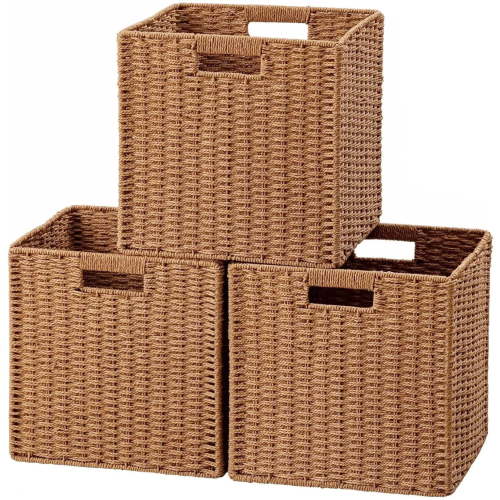 HBlife Wicker Baskets, Set of 3, Decorative Hand-Woven Farmhouse Storage Bins for Living Room Home