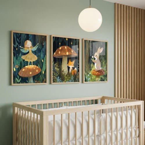 Woodland Nursery Wall Art - Set of 3, enchanted forest decor, fairy fox bunny prints, whimsical mushroom art, cottagecore nature decor