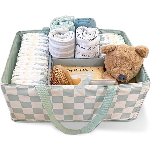 Tiny Twinkle Diaper Caddy Organizer | Foldable Baby Storage Basket with Removable Divider | Waterproof & Mess-Proof Fabric, Portable Nursery Organizer for Newborn Essentials (Sage Checkers)