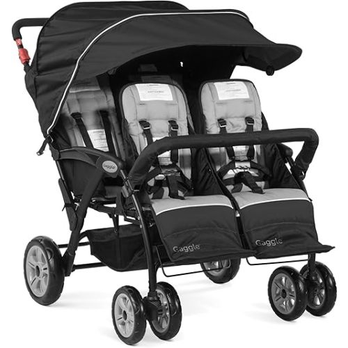 Gaggle Compass Quad Stroller | 4 Seat Stroller for Infant and Toddler | Quadruplet Reclining Seat with Umbrella, Harness, Cup Holder, Foot Brake | Foldable Multi Child Stroller for Daycare | Black