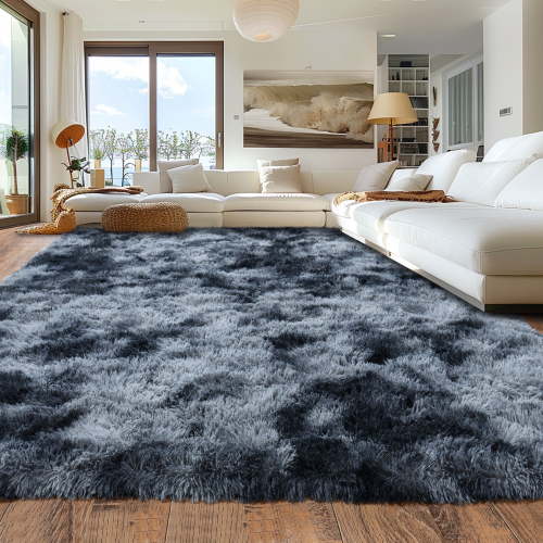 ZENELESS Large Fluffy Rugs for Living Room,8x10ft Rectangular Shag Rug Carpets for Living Room Bedroom Nursery Tie-dye Blue&Gray