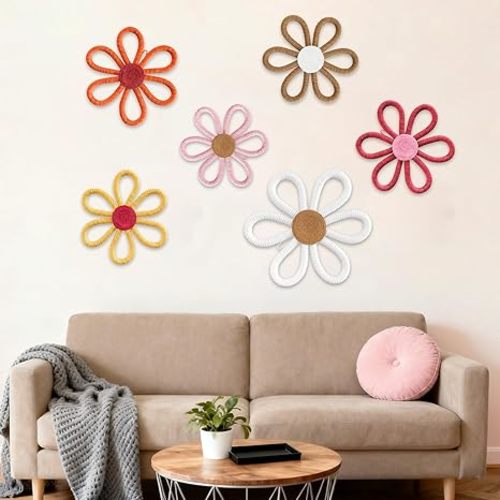 Vidroxin 6Pcs Boho Nursery Decor,Daisy Flower Woven Macrame Wall Hanging 3 Sizes,Floral Wall Art Bohemian Room Decor for Bedroom Above Bed,Home,Dorm,Office Decoration Set(Pink, Brown, White)