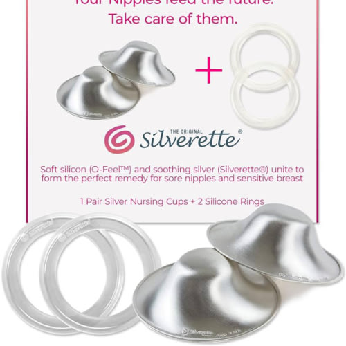 SILVERETTE The Original Silver Nursing Cups, Nipple Covers for Breastfeeding Essentials, Pure 925 Silver Nipple Shields for Breastfeeding Newborn, Regular Size with O-Feel Silicone Rings