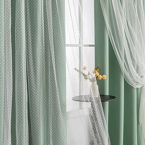 MYSKY HOME Curtains for Girls Bedroom & Nursery Kids Green Cute Curtains Double Layer with Polka Dots Sheer, Grommet Tops, 52x84 Inch Each Panel, 2 Panels