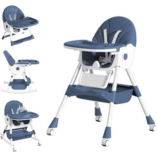 Baby High Chair, 5 in 1 High Chairs for Babies and Toddlers, Travel Foldable High Chair with Foot Rest, Detachable PU Cushion, Double Removable Tray, Adjustable Height & Recline, Locking Wheels