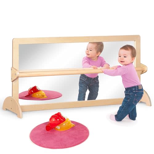 KRAND 3-Position Montessori Wood Frame Non-Shatter Safety Pull Up Bar Baby Big Mirror Set, Infant Coordination Mirror, Kids Classroom Furniture for Daycare, Homeschool or Preschool