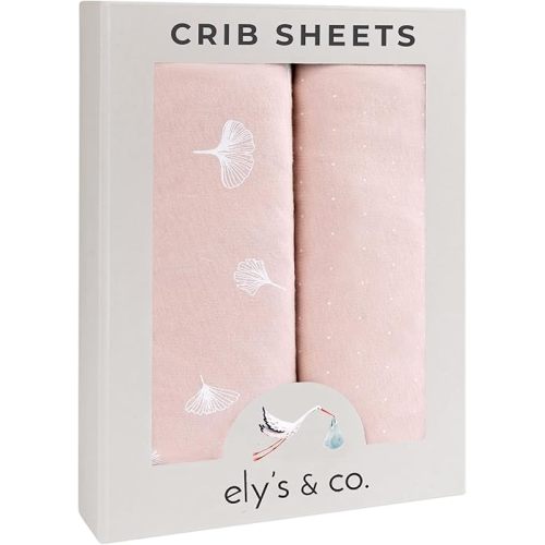 Ely’s & Co. Crib Sheet 2-Pack — Combed, 100% Jersey Cotton for Baby Girl — Rosewater Pink, Pin Dots & Gingko Leaves 52” x 28”