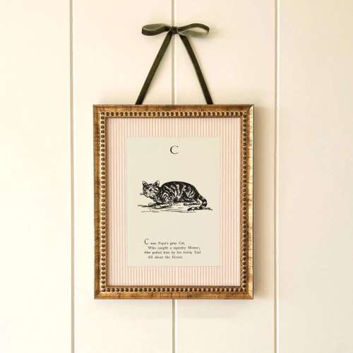 Vintage Cat Alphabet Print | Antique Nursery Wall Art C is for Cat | Black and White Illustration for Baby Room Decor